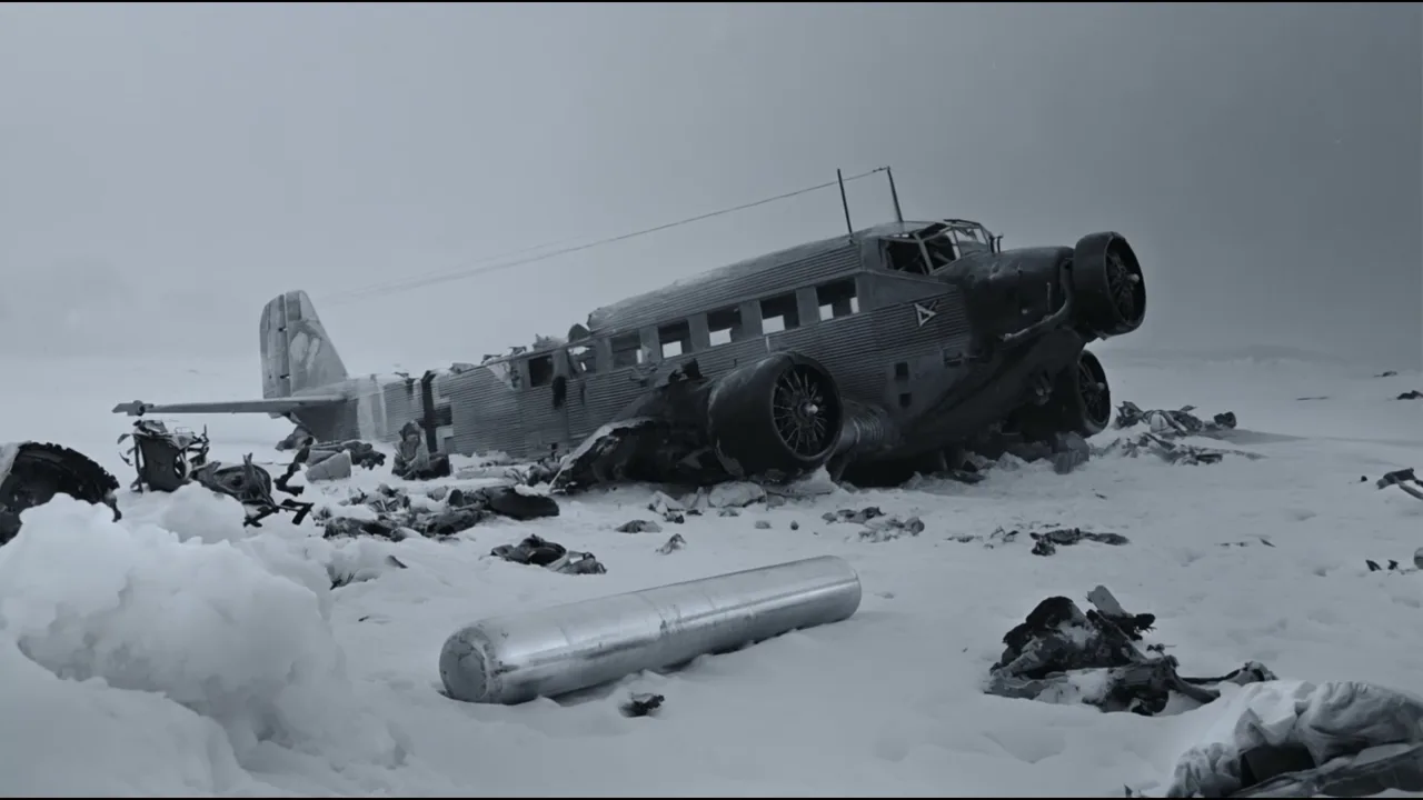 A lost Ju 52 aircraft wreck half buried in mountain snow