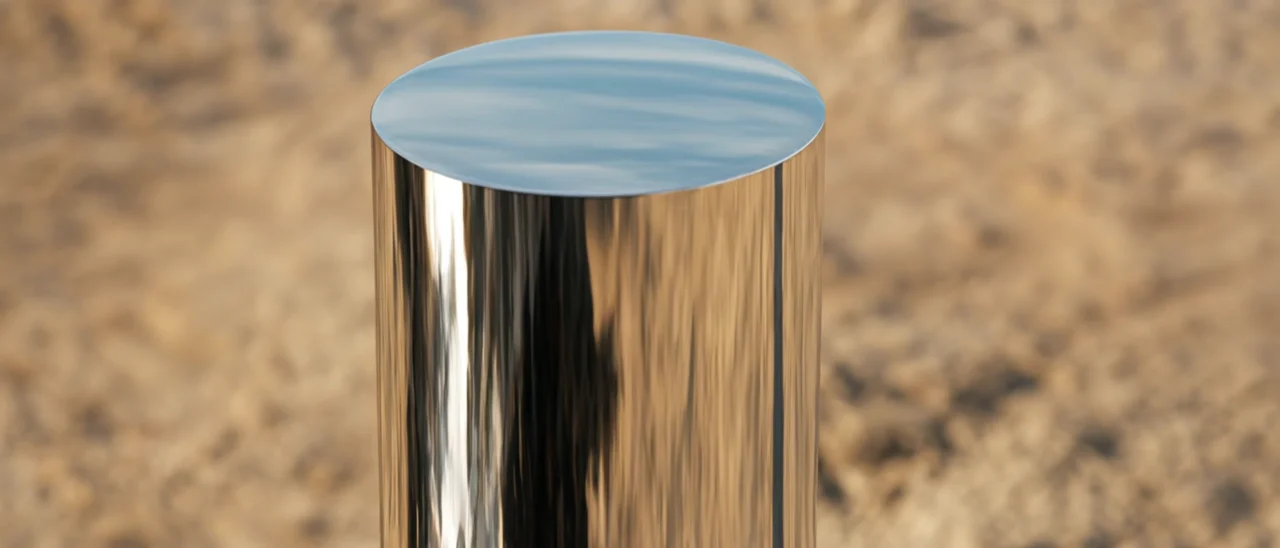 A mysterious polished metal rod standing upright in an ancient landscape