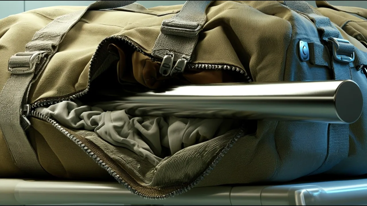 A polished metal strut resting inside an open travel bag